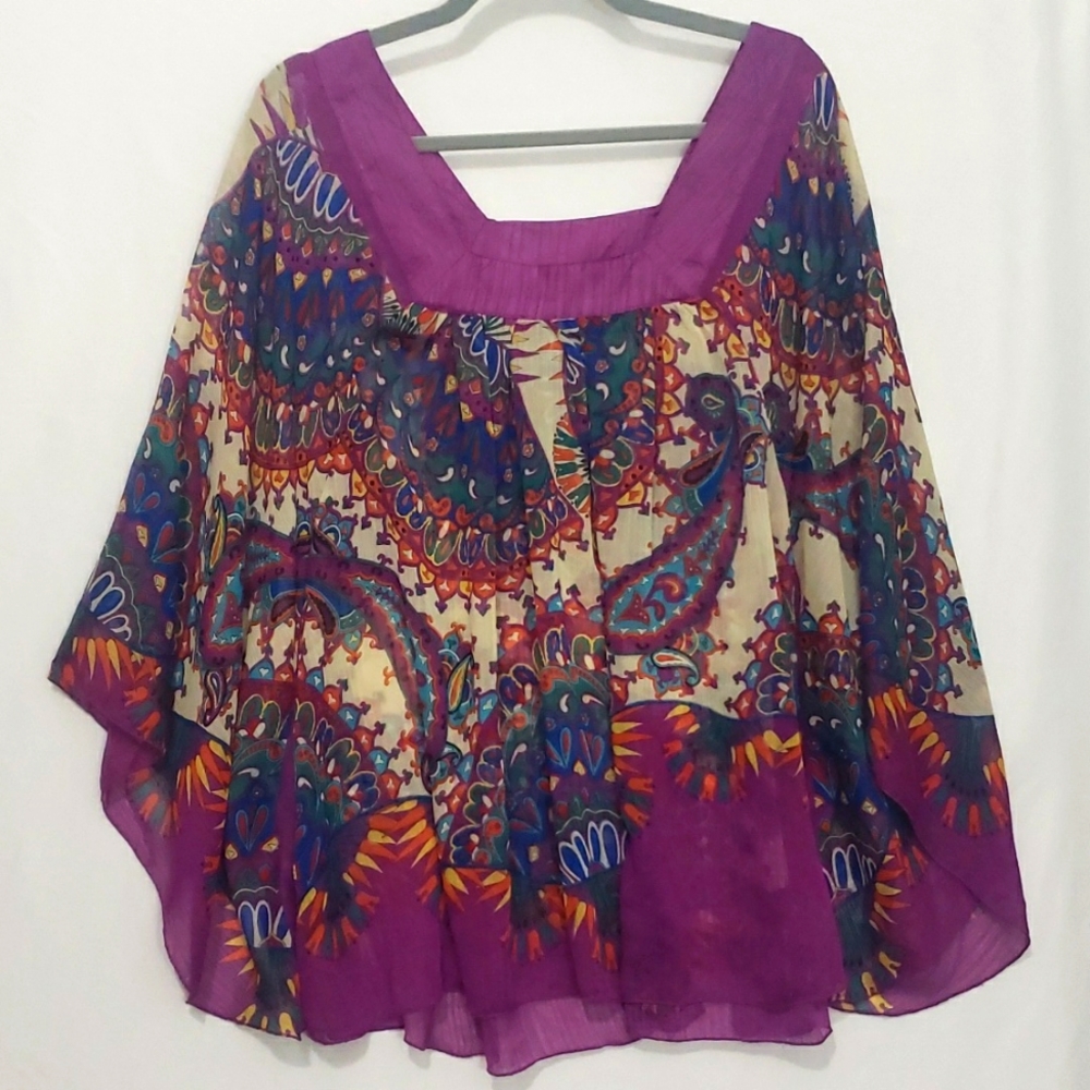 Boho Festival Myth Purple Multicolored Sheer Batwing Poncho Cover-up Size 2x